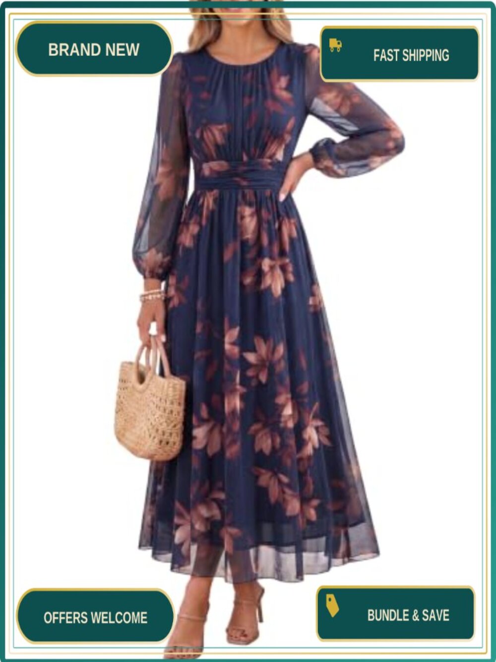 Tulle Maxi Dress Women Puff Long Sleeve Wedding Guest A-Line Formal